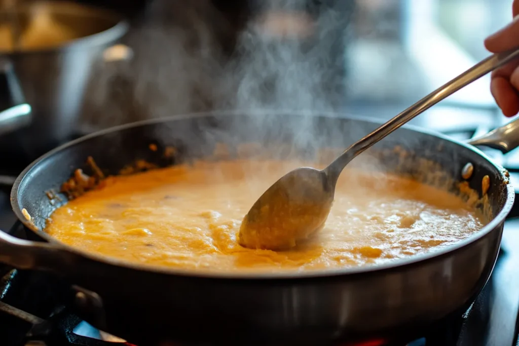 A person holds a spoon above a pot filled with melted cheese, ready to serve or taste the creamy dish