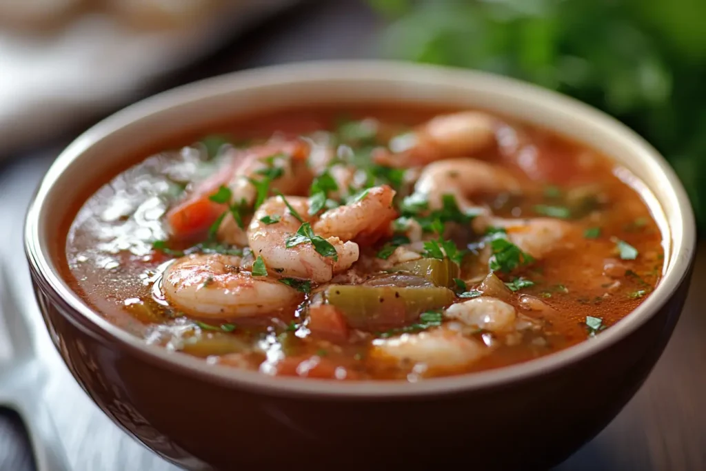A bowl of swamp soup filled with tender meat and vibrant vegetables, showcasing a hearty and flavorful dish