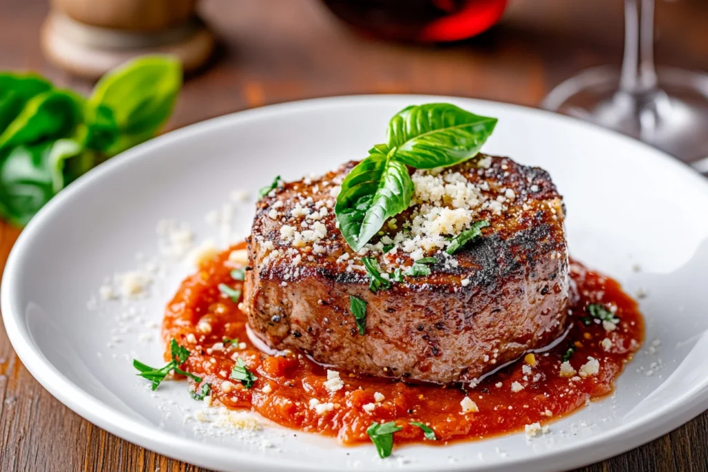 A perfectly seared steak topped with rich tomato sauce, garnished with fresh basil and Parmesan cheese, served on a white plate with a glass of red wine in the background.
