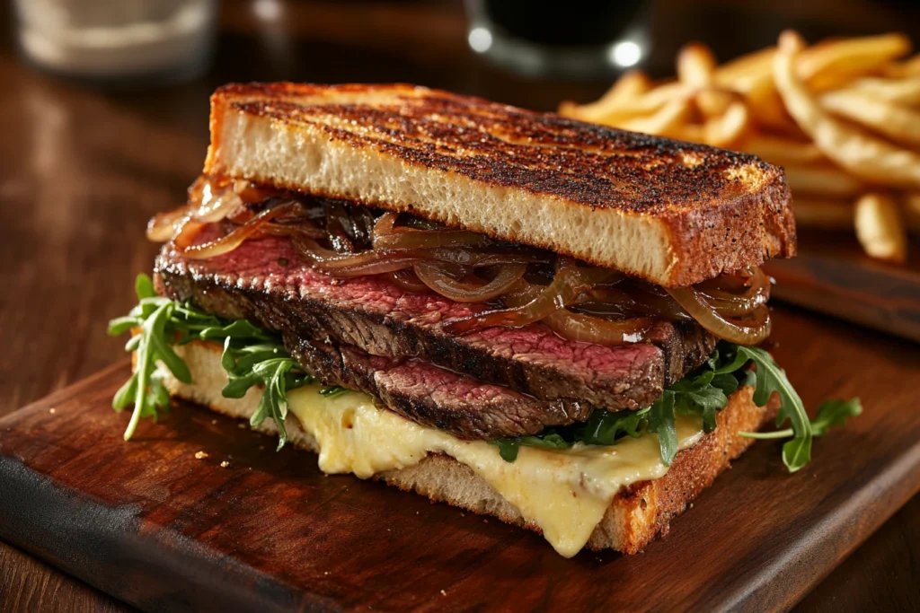 steak sandwich searing in a cast iron skillet with fresh rosemary and garlic, butter browning around edges, natural lighting highlighting the caramelization process