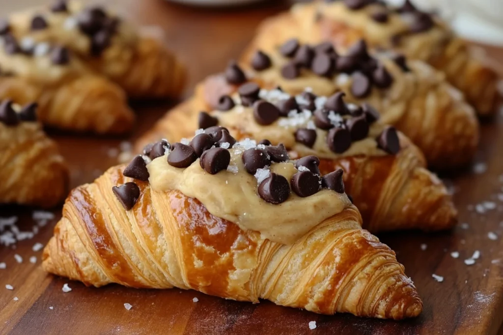 Golden, flaky croissants topped with a luscious crookies layer made of creamy cookie dough, sprinkled with chocolate chips and coarse sea salt. These indulgent pastries perfectly combine croissants and cookies, displayed on a wooden board for a tempting treat.
