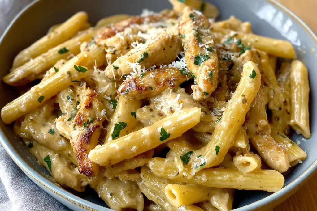 A creamy garlic parmesan chicken pasta dish featuring penne pasta, grilled chicken strips, and a rich, cheesy sauce, garnished with fresh parsley and grated parmesan cheese, served in a bowl.