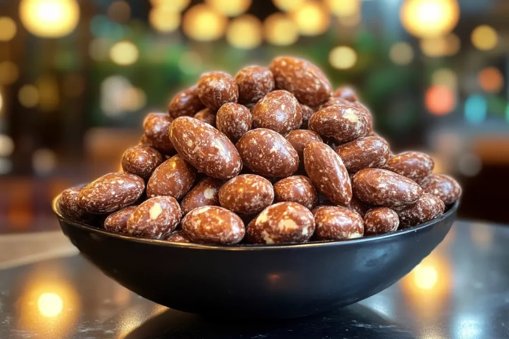 A bowl of glossy chocolate covered almonds with a rich, smooth coating.