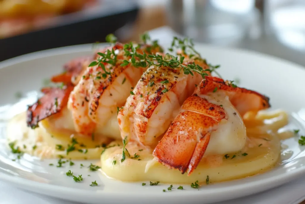 Gourmet lobster ravioli served on a white plate, topped with butter sauce, fresh herbs, and delicate lobster tail pieces, creating an elegant and indulgent dish.