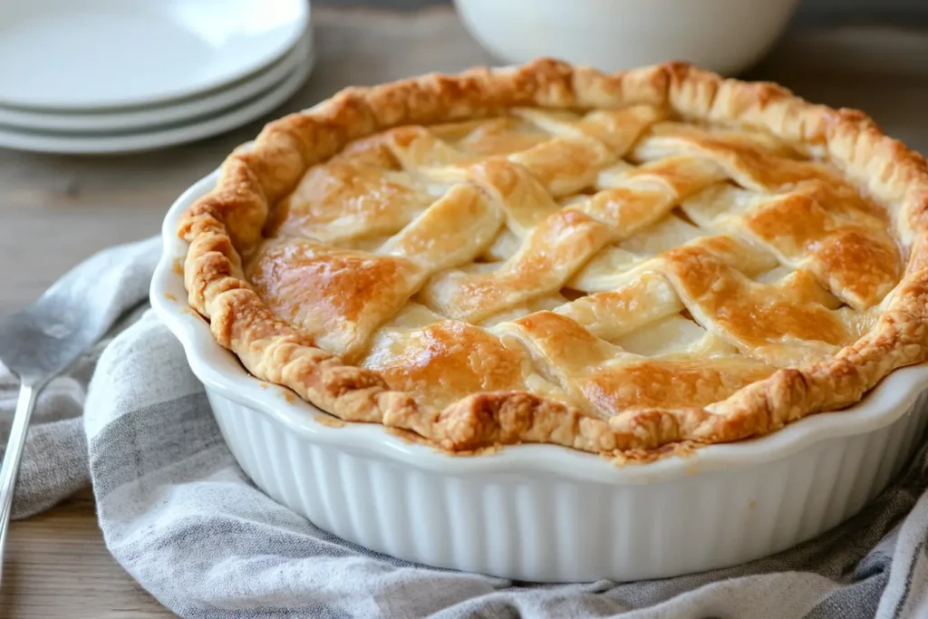 Golden lattice-topped Passover potato pie in a white baking dish, perfect for Seder dinner.