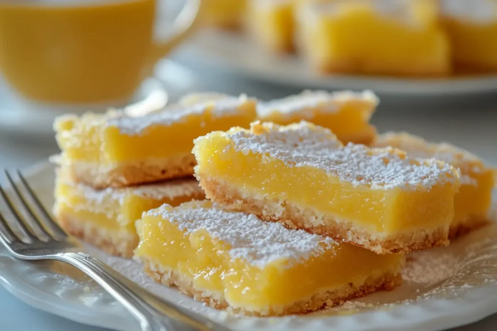 A plate of freshly baked 2-ingredient lemon bars, dusted with powdered sugar.
