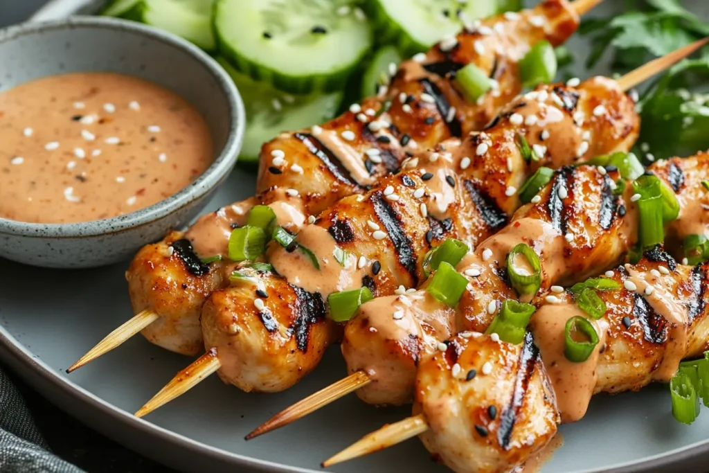 Bang Bang Chicken Skewers served on a plate with Bang Bang sauce.