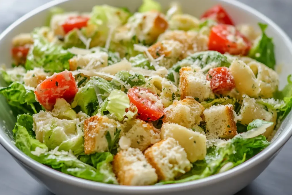 A bowl of Caesar Pasta Salad with romaine lettuce, cherry tomatoes, croutons, and grated Parmesan cheese.