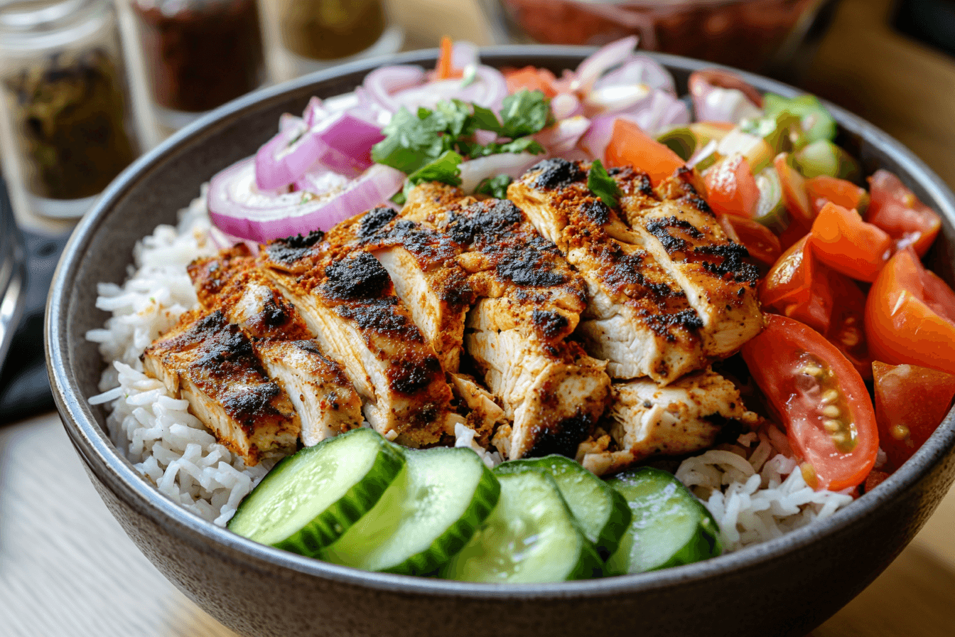 A Chicken Shawarma Bowl with spiced grilled chicken, basmati rice, cucumbers, tomatoes, red onions, and pickled vegetables, served in a rustic bowl on a wooden table.