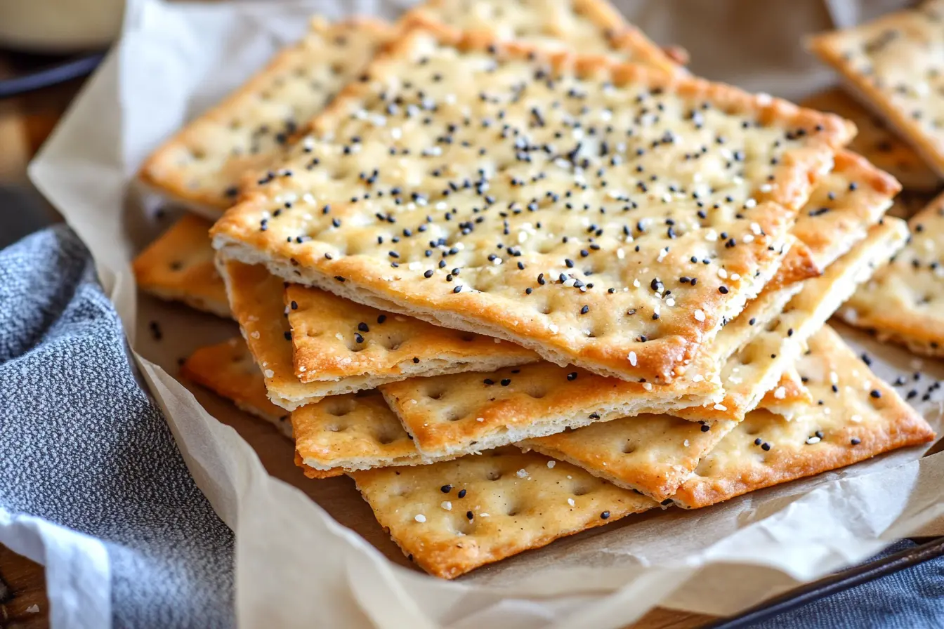 Stack of golden-brown homemade crackers topped with black and white sesame seeds on parchment paper.