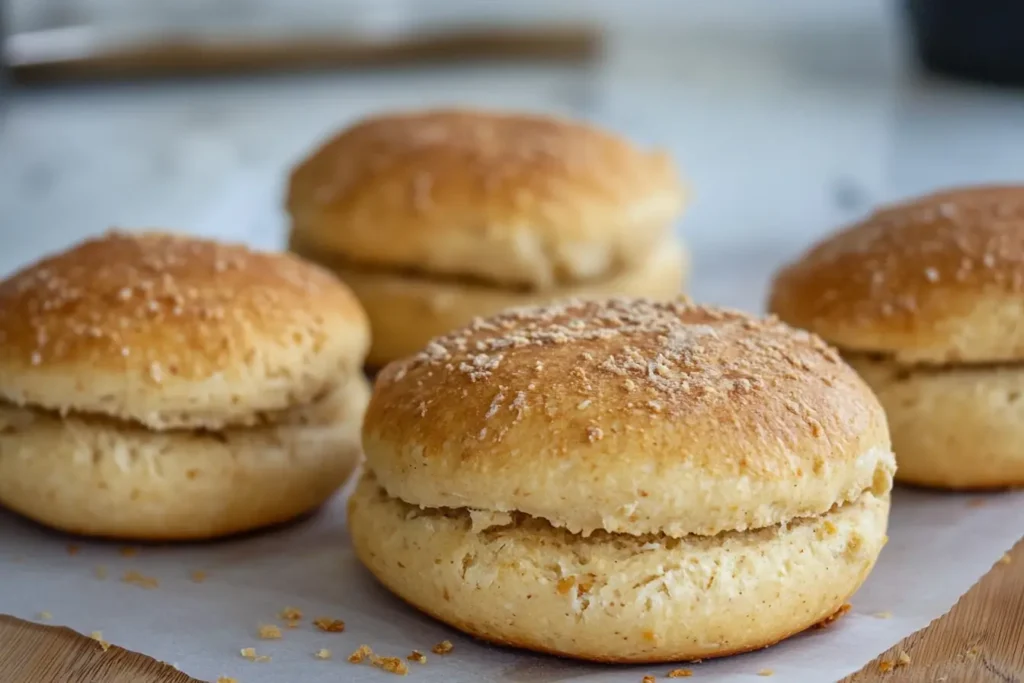 Golden-brown keto hamburger buns with a rustic texture, placed on parchment paper atop a wooden surface, with a softly blurred kitchen background.