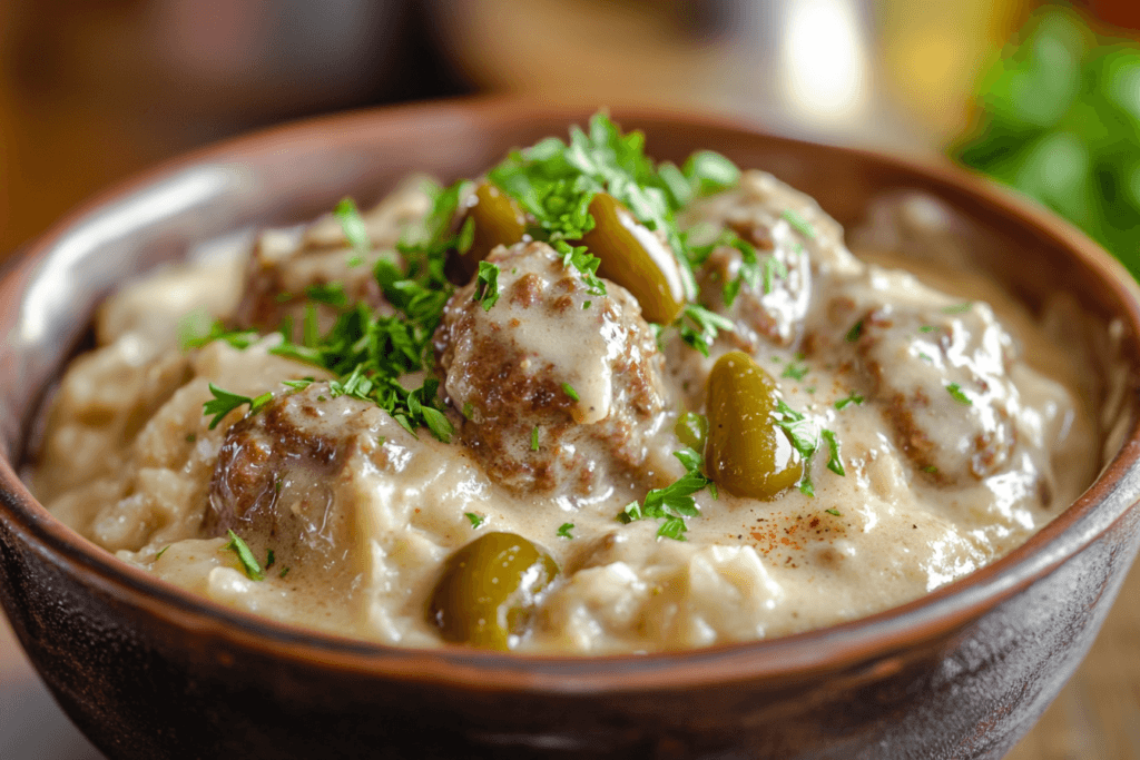 A bowl of Mississippi Meatballs covered in rich, buttery gravy with pepperoncini peppers