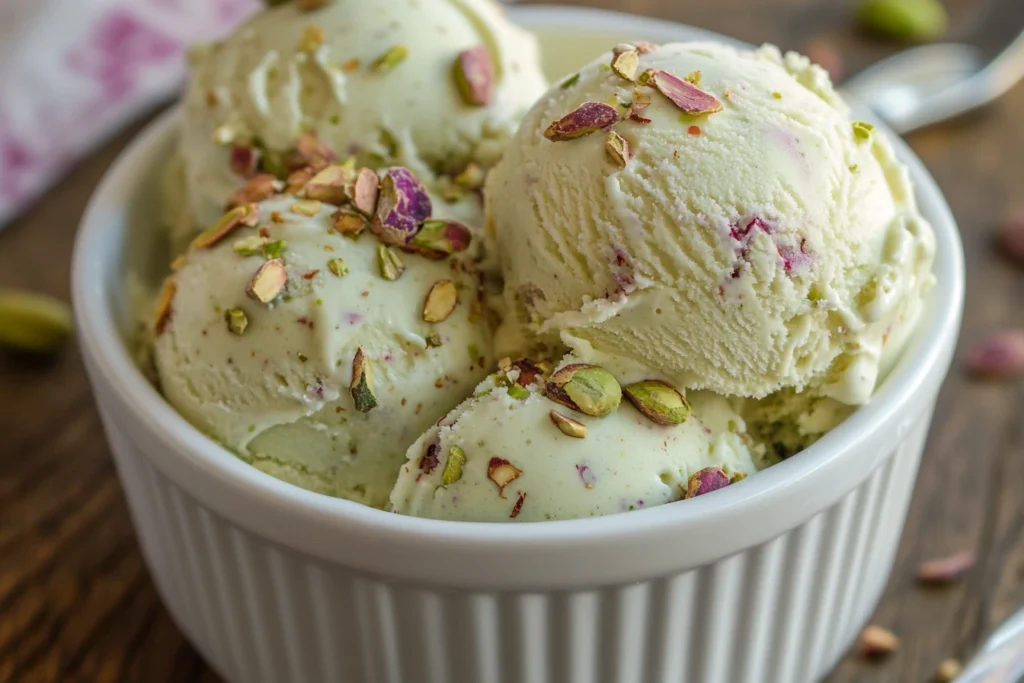 Creamy pale green pistachio ice cream scoops in white ceramic bowl, garnished with crushed pistachios and honey drizzle, showing smooth texture and natural color