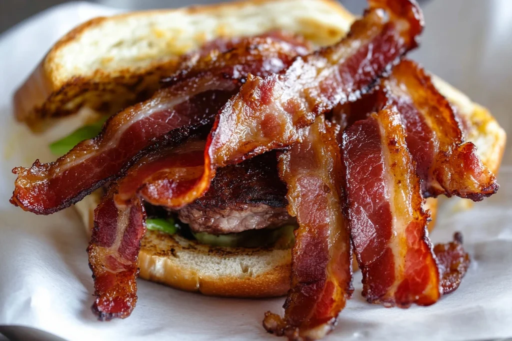 Close-up of perfectly cooked beef bacon slices on a rustic wooden board, garnished with fresh green herbs and a drizzle of honey.