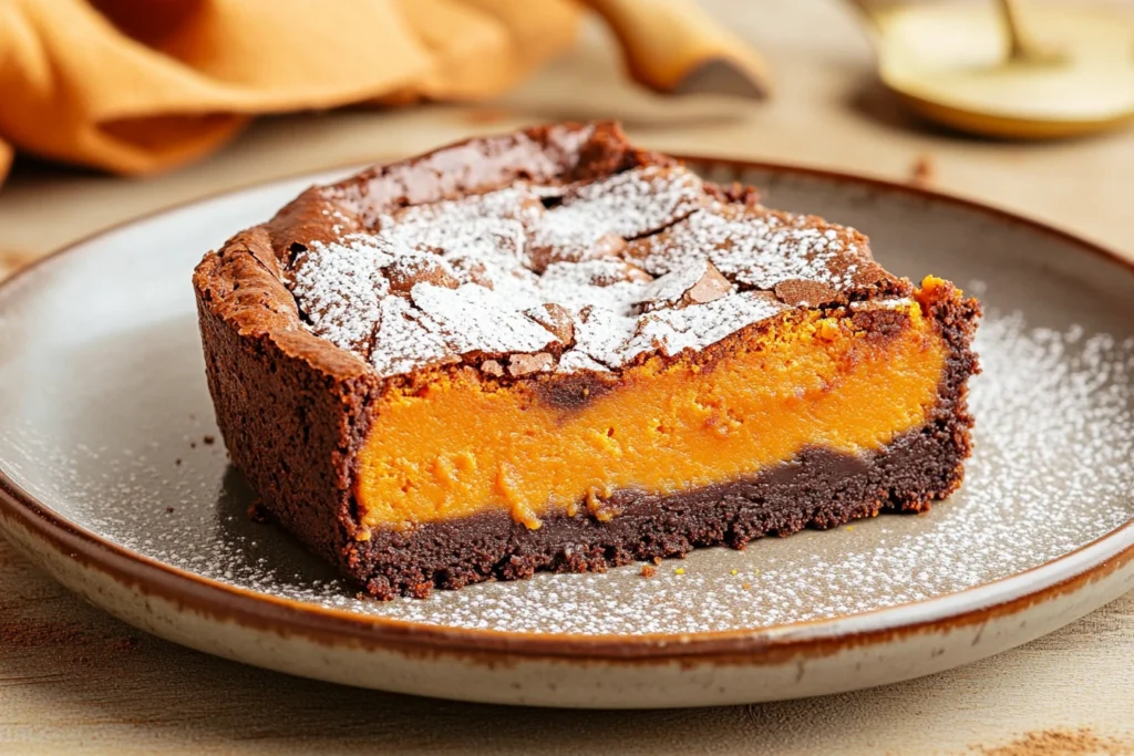 Realistic image of a decadent slice of sweet potato brownie on a rustic plate with a light dusting of powdered sugar.