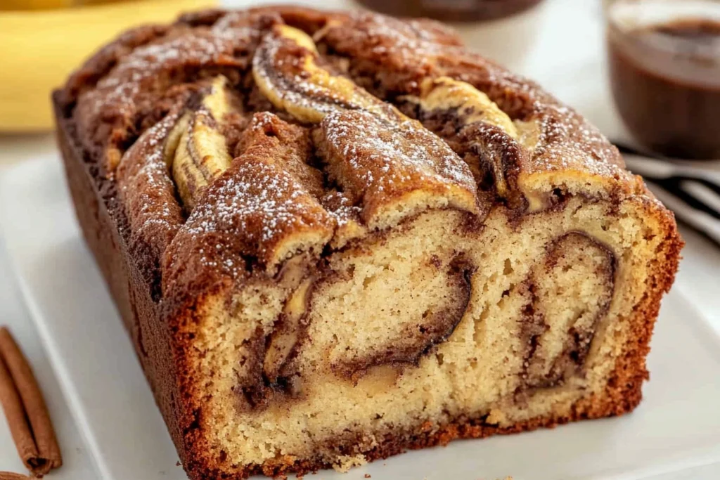 Freshly sliced cinnamon swirl banana bread on a wooden board showing moist interior with distinct cinnamon ribbons throughout golden-brown loaf