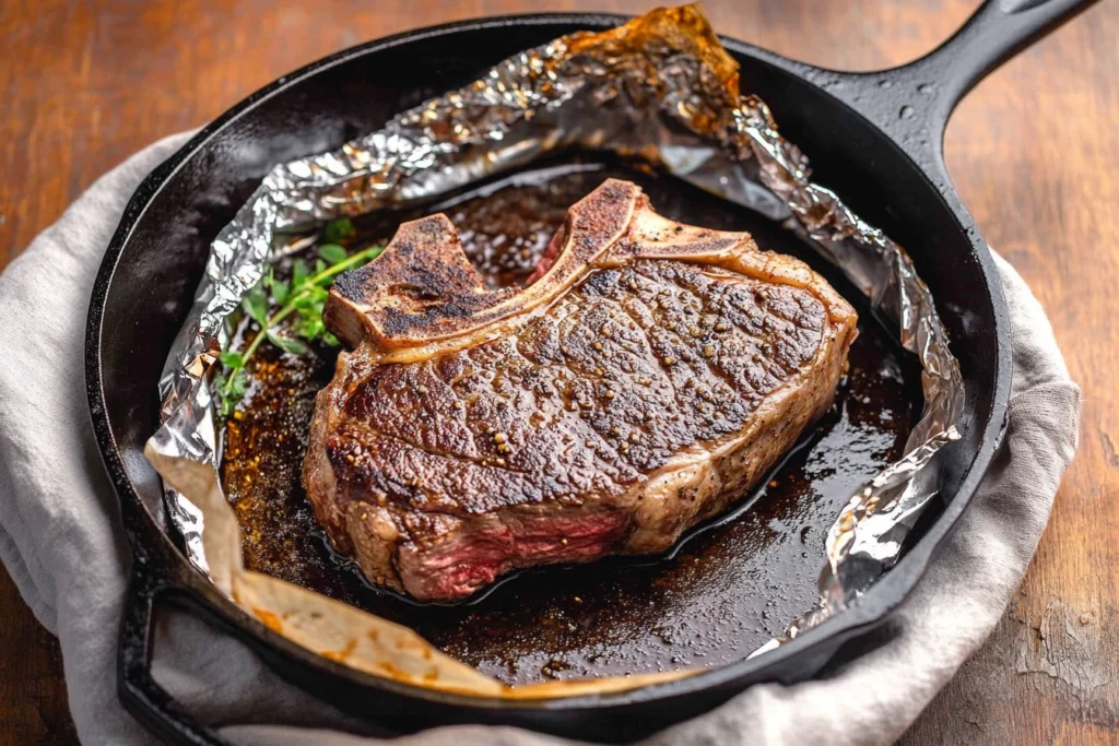 Fresh, thick-cut cowboy ribeye steak with French-trimmed bone displayed on butcher block with fresh herbs, garlic, and seasoning ingredients showcasing the marbling and impressive 2-inch thickness