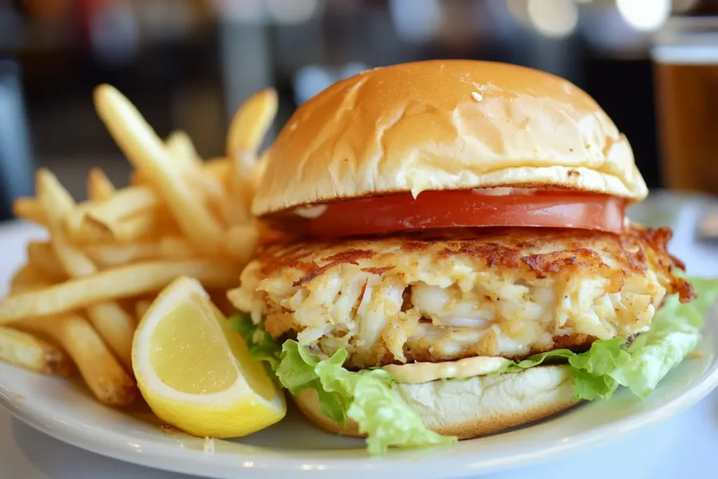 A golden-brown crab cake sandwich with lettuce, tomato, and tartar sauce on a brioche bun.