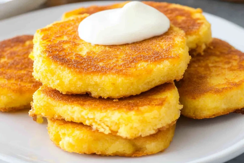 Golden-brown crispy fried cornbread patties on a white plate showing perfect crust and tender interior, with one patty broken open revealing soft crumb texture and slightly yellow interior