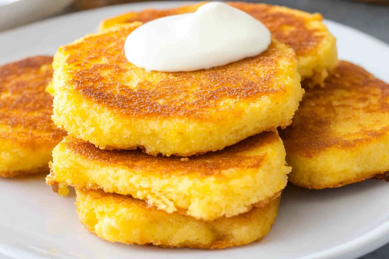 Golden-brown crispy fried cornbread patties on a white plate showing perfect crust and tender interior, with one patty broken open revealing soft crumb texture and slightly yellow interior