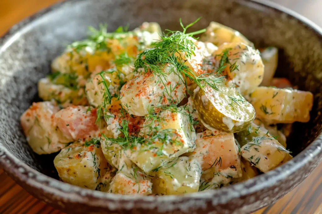 A creamy bowl of dill pickle potato salad garnished with fresh dill