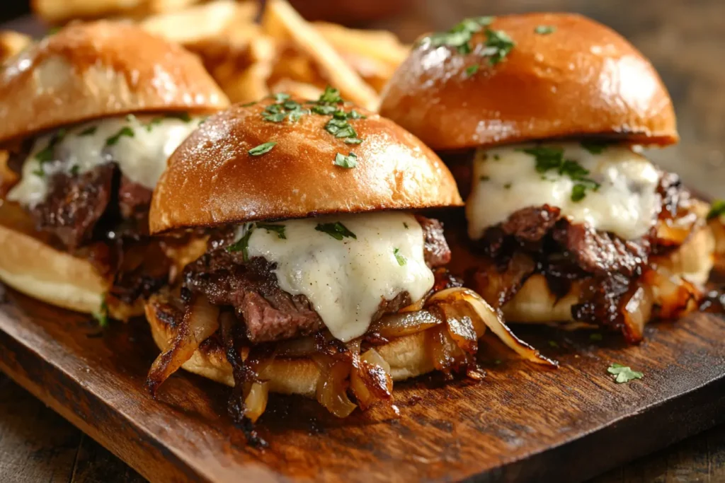 Philly cheesesteak sliders served on a plate with melted cheese