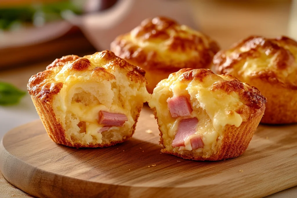 Golden-brown ham and cheese breakfast muffins on wooden board with one cut open showing melty cheese pockets and savory ham pieces throughout fluffy interior