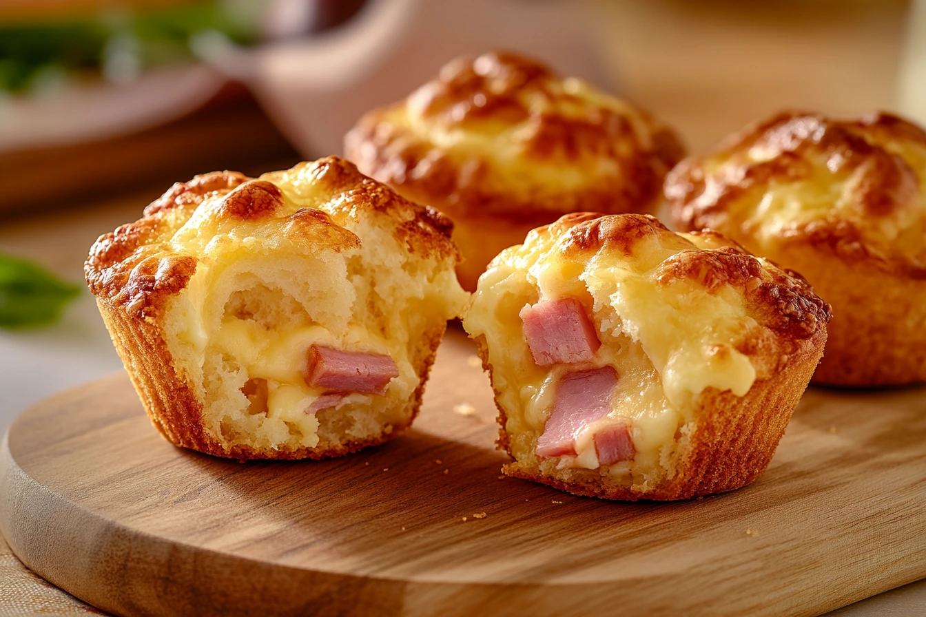 Golden-brown ham and cheese breakfast muffins on wooden board with one cut open showing melty cheese pockets and savory ham pieces throughout fluffy interior