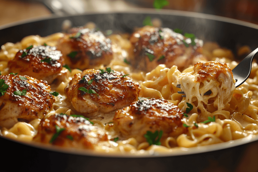 One-pan chicken with creamy buttered noodles in skillet showing golden-brown chicken pieces and creamy egg noodles garnished with fresh parsley, fork lifting a portion showing cheese pull