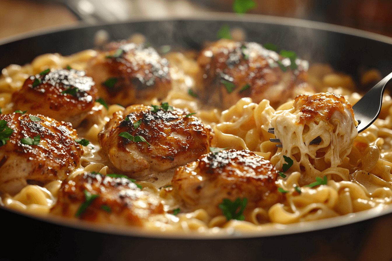 One-pan chicken with creamy buttered noodles in skillet showing golden-brown chicken pieces and creamy egg noodles garnished with fresh parsley, fork lifting a portion showing cheese pull