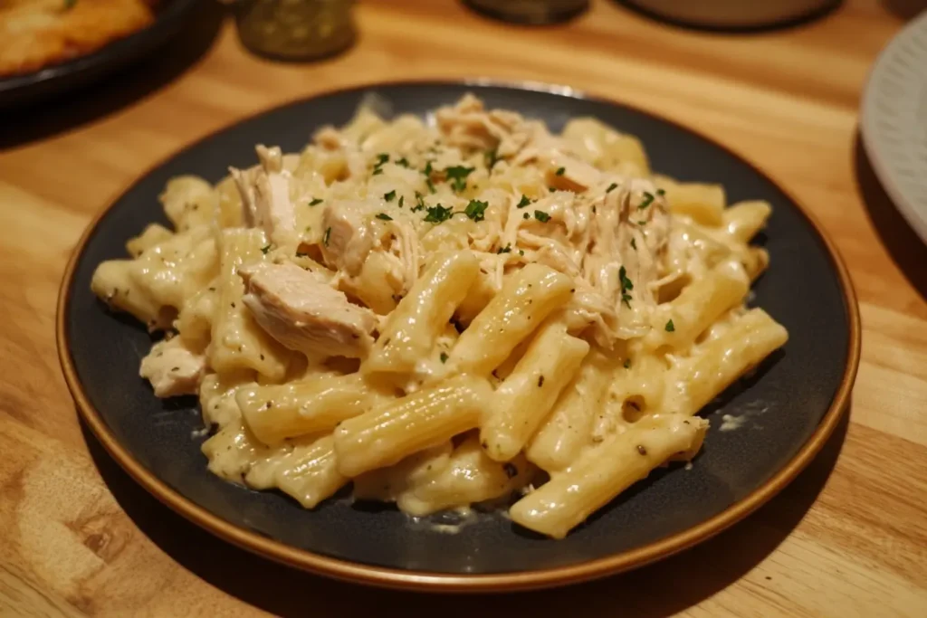 A plate of creamy Slow Cooker Chicken Alfredo pasta topped with shredded chicken and fresh parsley.