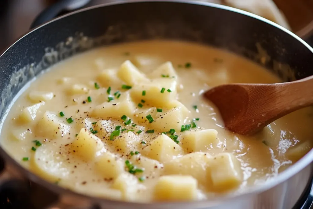A hearty 4 Ingredient Potato Soup with tender potato chunks in a creamy broth, garnished with fresh chives and black pepper, stirred with a wooden spoon in a black pot.