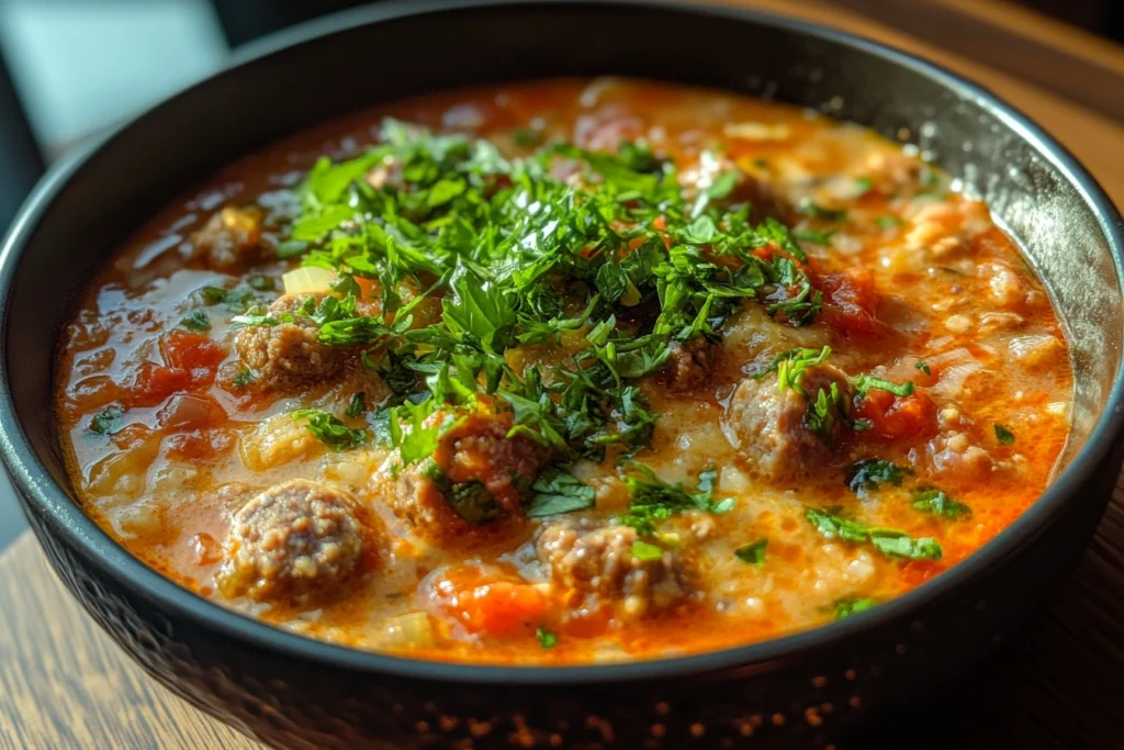 A rich and comforting bowl of tomato-based soup with seasoned meat, fresh herbs, and diced vegetables.