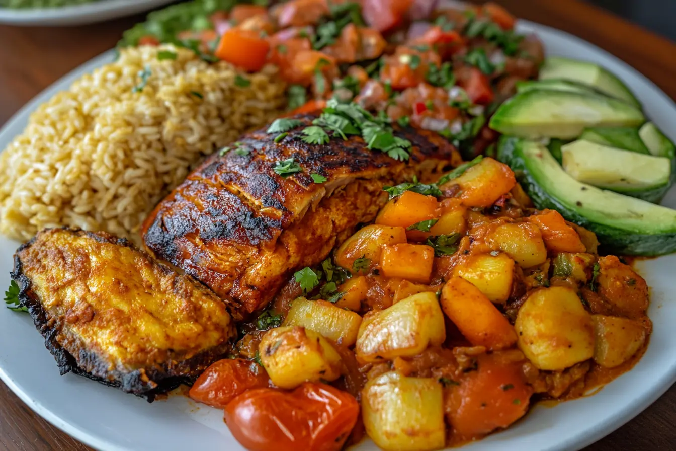 A hearty plate from Puerto Rican recipes featuring spiced protein fillet, sautéed potatoes, fresh avocado slices, and perfectly seasoned rice