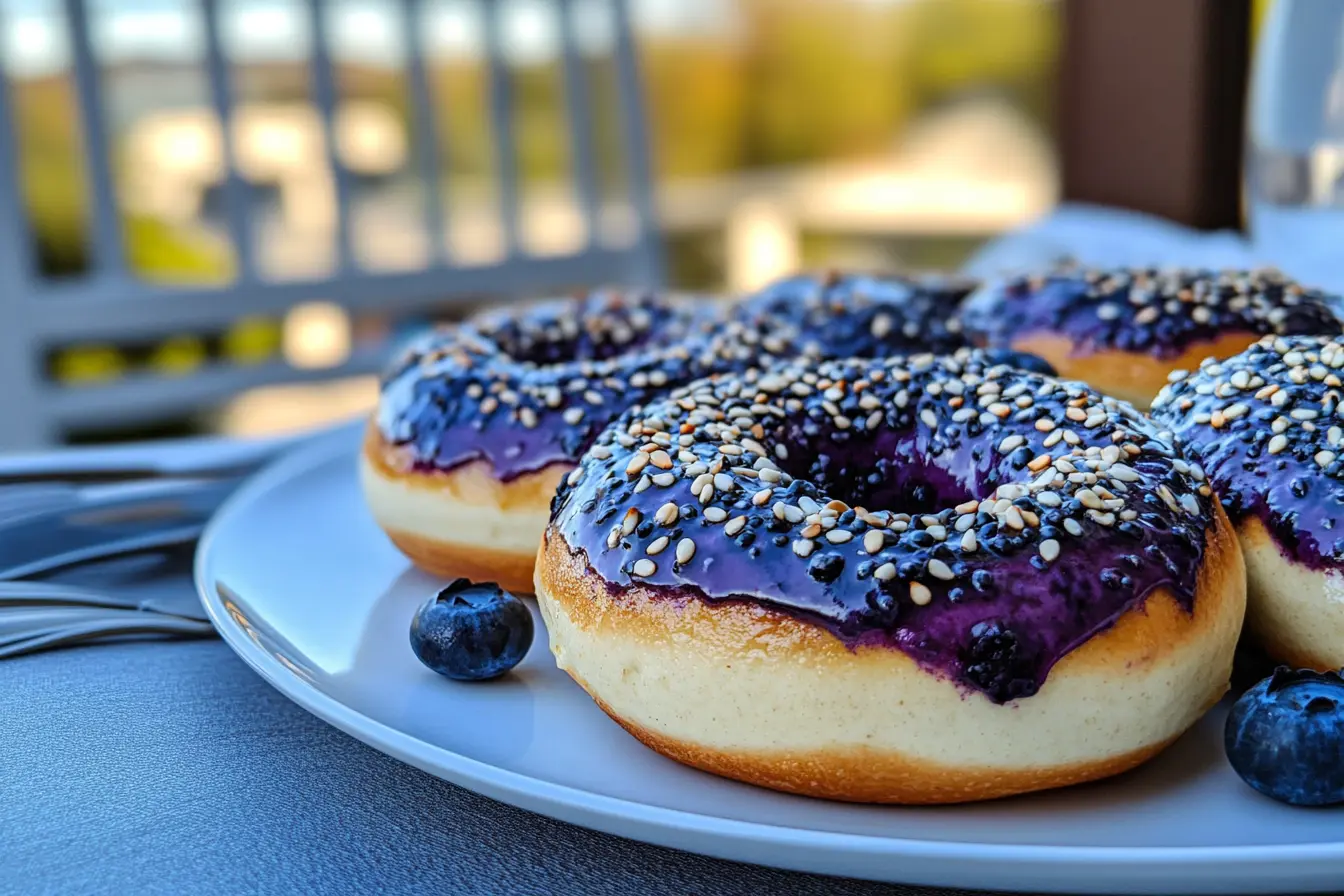Glazed blueberry bagel recipe with a glossy purple coating on a white plate