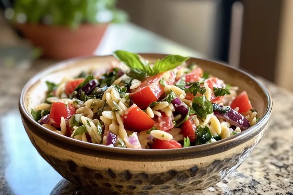 Gluten Free Orzo salad with cherry tomatoes, red onions, and fresh basil in a ceramic bowl.