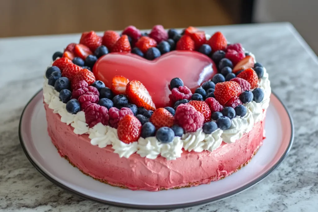 Elegant heart-shaped cake decorated with a glossy red heart topping, fresh strawberries, raspberries, and blueberries, surrounded by whipped cream, perfect for Valentine's Day or anniversaries.