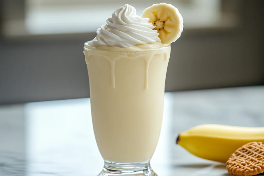 Overhead view of banana pudding milkshake ingredients on marble surface: fresh bananas, vanilla wafer cookies, vanilla cream, milk, and measuring tools arranged neatly