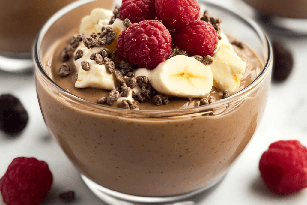 A glass of thick, creamy protein pudding topped with whipped cream, chocolate chips, and fresh raspberries.