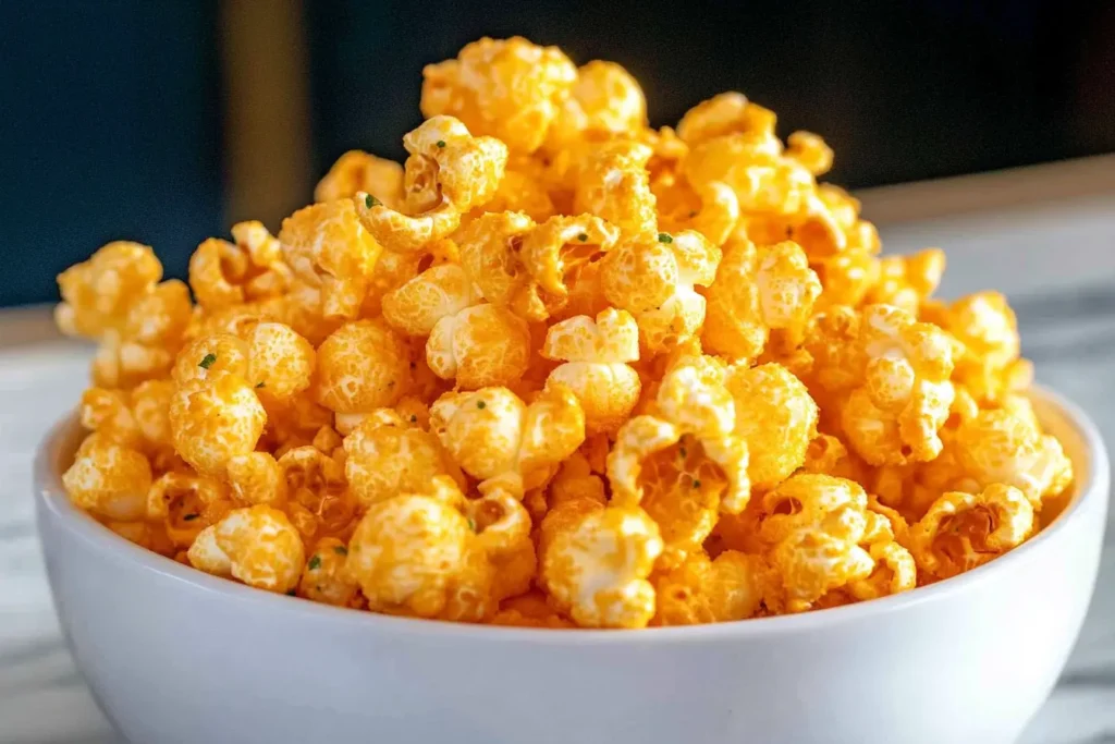 Close-up of bright cheddar popcorn in a white serving bowl
