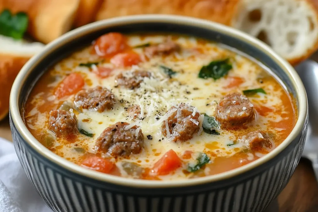 A bowl of creamy Parmesan Italian sausage soup with spinach, tomatoes, and melted cheese, served with crusty bread.