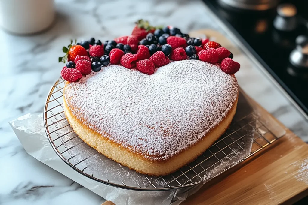 Vintage heart cake topped with fresh raspberries and blueberries on a cooling rack