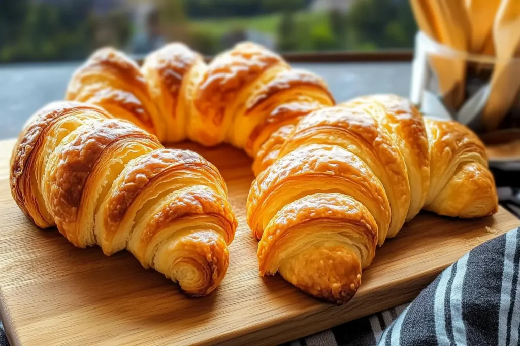 Freshly baked croissants arranged on a wooden cutting board, showcasing a delightful Gipfeli recipe.