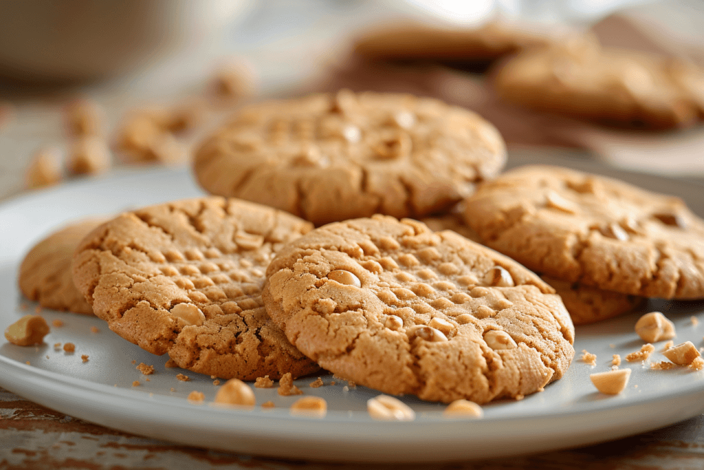 Collection of golden-brown peanut butter cookie showing classic crosshatch patterns and chewy centers, artfully arranged on a white plate