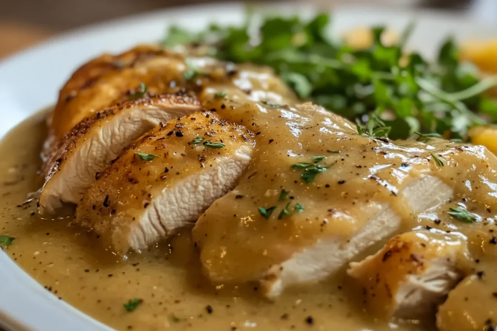 Sliced chicken topped with gravy for Chicken and Gravy Recipe.