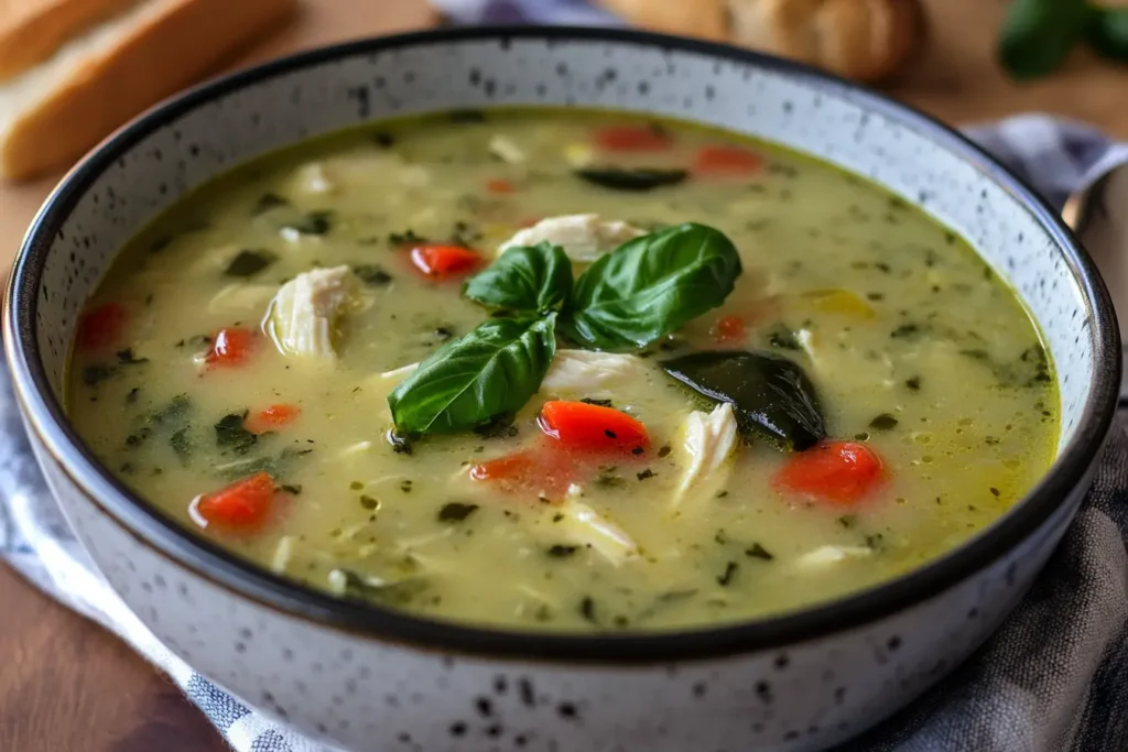 Chicken Poblano Soup: creamy bowl garnished with basil