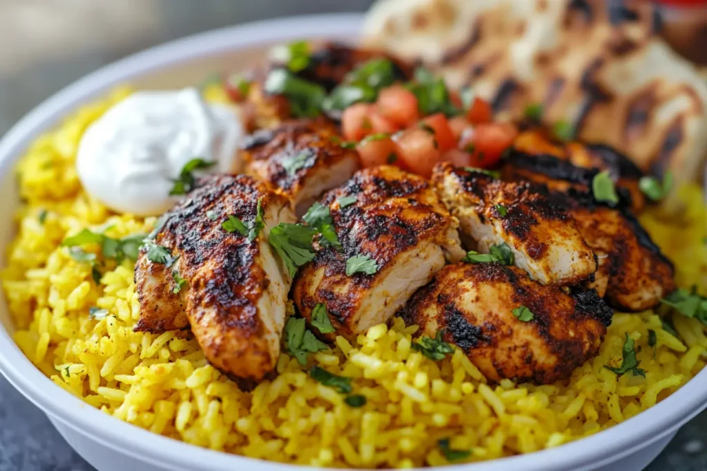 A plate of NYC-style chicken over rice with white sauce and hot sauce