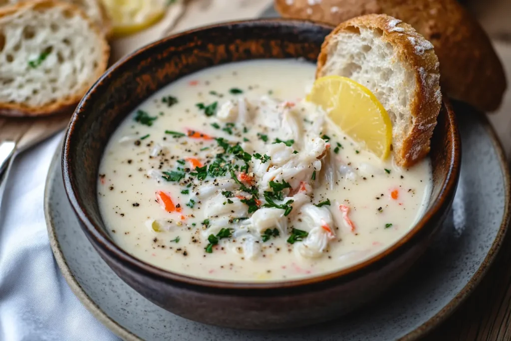 A bowl of creamy crab soup garnished with parsley, served alongside a slice of sourdough bread and a lemon wedge, photographed from above with warm natural lighting.