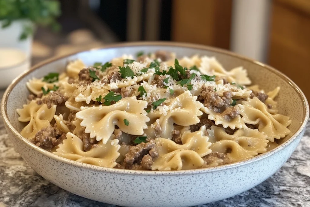I'll provide alt text for each of the images for your Creamy Parmesan Garlic Beef Bowtie Pasta recipe, making sure to naturally incorporate the key phrase in each description: Main Hero Image CopyAlt text: "Creamy Parmesan Garlic Beef Bowtie Pasta served in ceramic bowl sh