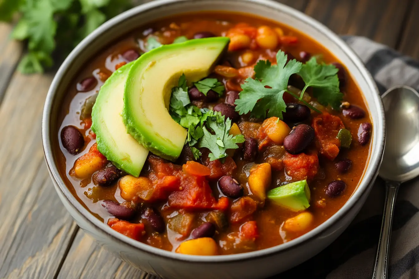 A steaming bowl of Crock Pot Vegetarian Chili topped with avocado and cilantro